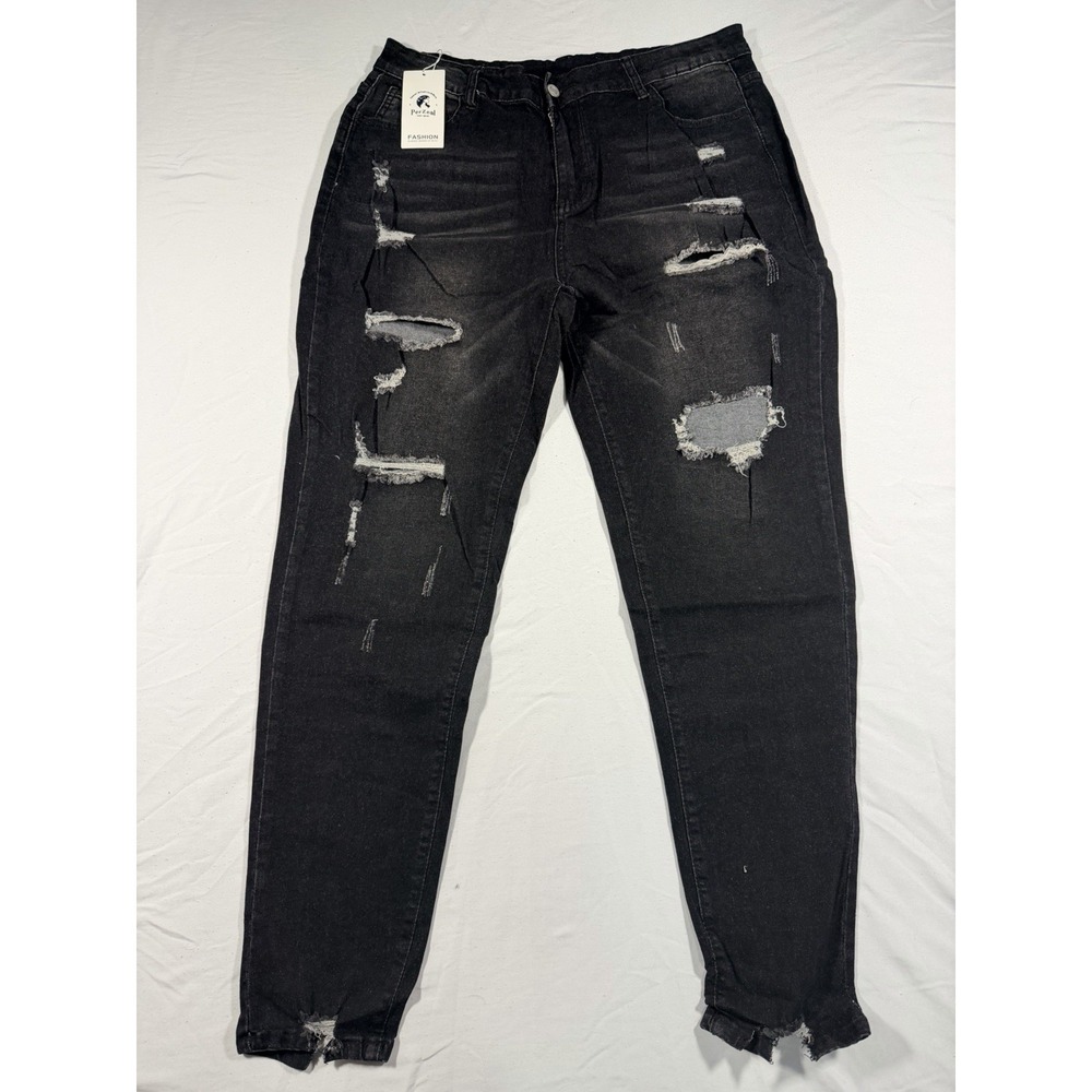 FASHION Women's DISTRESSED JEANS Black  Size 2XL